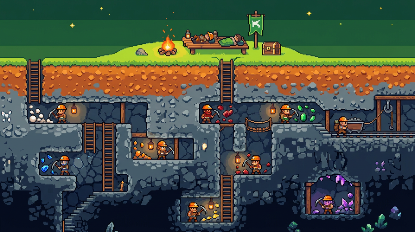 Pixel cross-section of a mine with miners digging tunnels toward glowing gem veins